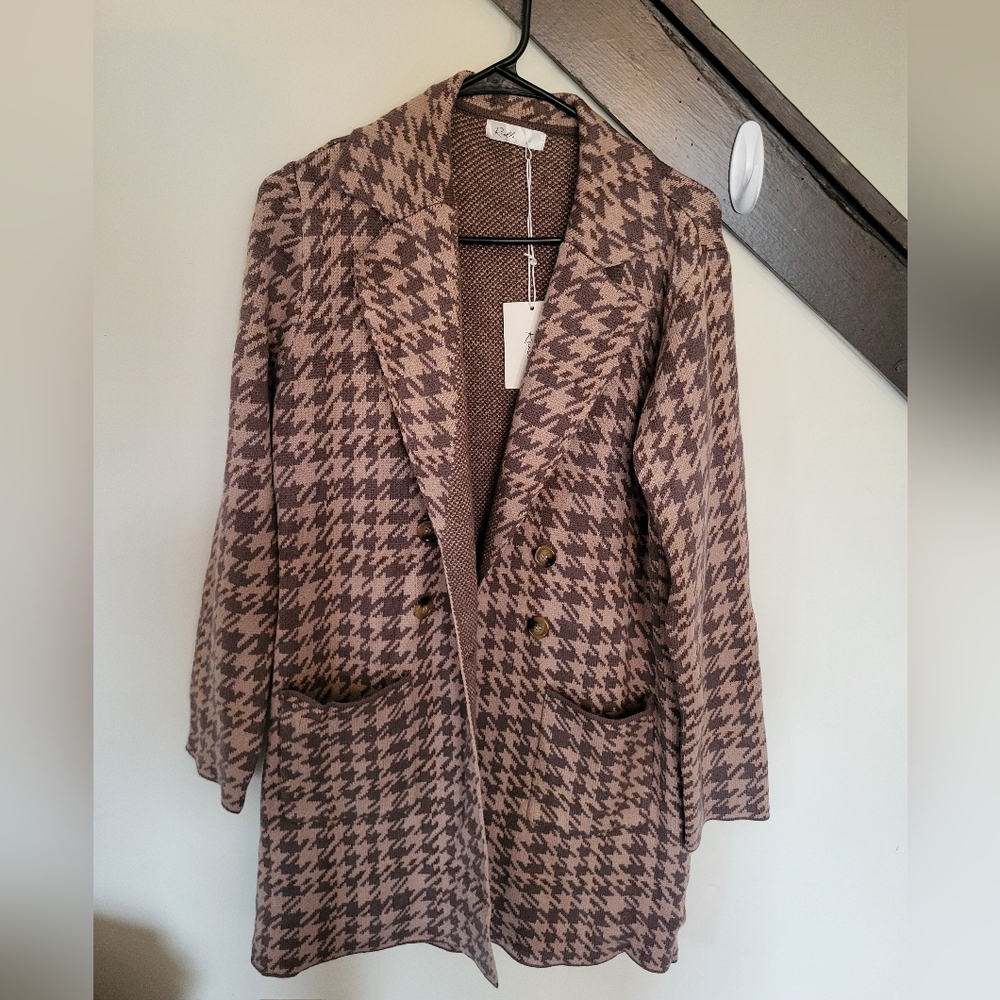 Brown Textured Wool Blend Blazer with Notched Lapel